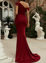 Femmes Plain Rouge Vineux Une Épaule Dénudée Confortable Robe Maxi Sexy