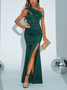 Femmes Plain Vert Une Épaule Dénudée Confortable Robe Maxi Sexy