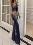 Femmes Plain Bleu Col V Confortable Robe Maxi Sexy