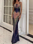 Femmes Plain Bleu Col V Confortable Robe Maxi Sexy