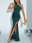 Femmes Plain Vert Une Épaule Dénudée Confortable Robe Maxi Sexy