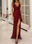 Femmes Plain Rouge Vineux Col V Confortable Robe Maxi Sexy