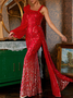 Femmes Plain Rouge Asymétrique Collier Confortable Robe Maxi Sexy