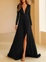 Femmes Plain Noir Col V Confortable Robe Maxi Sexy