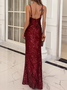 Femmes Plain Rouge Vineux Col V Confortable Robe Maxi Sexy