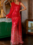 Femmes Plain Rouge Asymétrique Collier Confortable Robe Maxi Sexy