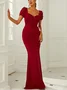 Femmes Plain Rouge Vineux Col V Confortable Robe Maxi Sexy
