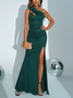 Femmes Plain Vert Une Épaule Dénudée Confortable Robe Maxi Sexy