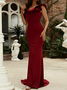 Femmes Plain Rouge Vineux Une Épaule Dénudée Confortable Robe Maxi Sexy