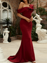 Femmes Plain Rouge Vineux Une Épaule Dénudée Confortable Robe Maxi Sexy
