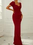 Femmes Plain Rouge Vineux Col V Confortable Robe Maxi Sexy