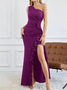 Femmes Plain Noir Une Épaule Dénudée Confortable Robe Maxi Sexy
