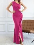 Femmes Plain Noir Une Épaule Dénudée Confortable Robe Maxi Sexy
