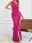 Femmes Plain Noir Une Épaule Dénudée Confortable Robe Maxi Sexy