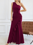 Femmes Plain Noir Une Épaule Dénudée Confortable Robe Maxi Sexy
