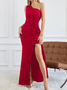 Femmes Plain Noir Une Épaule Dénudée Confortable Robe Maxi Sexy