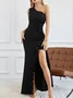 Femmes Plain Noir Une Épaule Dénudée Confortable Robe Maxi Sexy