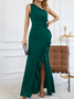 Femmes Plain Noir Une Épaule Dénudée Confortable Robe Maxi Sexy