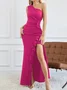Femmes Plain Noir Une Épaule Dénudée Confortable Robe Maxi Sexy