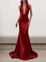 Femmes Plain Rouge Col V Confortable Robe Maxi Sexy