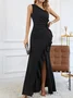 Femmes Plain Noir Une Épaule Dénudée Confortable Robe Maxi Sexy