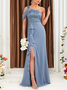Femmes Plain Bleu l'Encolure Bateau Confortable Robe Maxi Sexy