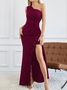 Femmes Plain Noir Une Épaule Dénudée Confortable Robe Maxi Sexy