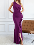 Femmes Plain Noir Une Épaule Dénudée Confortable Robe Maxi Sexy