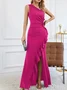 Femmes Plain Noir Une Épaule Dénudée Confortable Robe Maxi Sexy