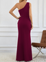Femmes Plain Noir Une Épaule Dénudée Confortable Robe Maxi Sexy