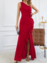 Femmes Plain Noir Une Épaule Dénudée Confortable Robe Maxi Sexy