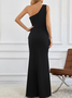 Femmes Plain Noir Une Épaule Dénudée Confortable Robe Maxi Sexy