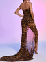 Femmes Motif Léopard Brun Sans Bretelles Confortable Robe Maxi Sexy