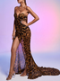 Femmes Motif Léopard Brun Sans Bretelles Confortable Robe Maxi Sexy