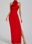Femmes Plain Rouge Col Roulé Confortable Robe Maxi Sexy