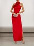 Femmes Plain Rouge Col Roulé Confortable Robe Maxi Sexy