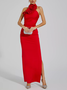 Femmes Plain Rouge Col Roulé Confortable Robe Maxi Sexy