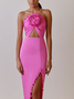Femmes Plain Rose Foncé Attaché au Cou Confortable Robe Maxi Sexy