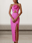 Femmes Plain Rose Foncé Attaché au Cou Confortable Robe Maxi Sexy
