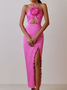Femmes Plain Rose Foncé Attaché au Cou Confortable Robe Maxi Sexy