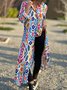 Femmes Ethnique Rouge Col de Chemise Confortable Robe Maxi Décontracté