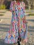 Femmes Ethnique Rouge Col de Chemise Confortable Robe Maxi Décontracté