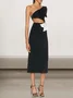 Femmes Plain Noir Une Épaule Dénudée Confortable Robe Mi-Longue Sexy