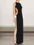 Femmes Plain Noir Col Rond Confortable Robe Maxi Sexy