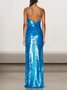 Femmes Plain Bleu Une Épaule Dénudée Confortable Robe Maxi Sexy