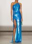 Femmes Plain Bleu Une Épaule Dénudée Confortable Robe Maxi Sexy
