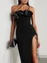 Femmes Plain Noir À Épaules Dénudées Confortable Robe Maxi Sexy