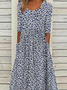 Femmes Petites fleurs Bleu Col Rond Confortable Robe Mi-Longue Décontracté