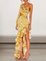 Femmes Floral Or Une Épaule Dénudée Confortable Robe Maxi Sexy