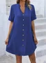 Femmes Plain Bleu Col V Confortable Boucle Court Robe Décontracté